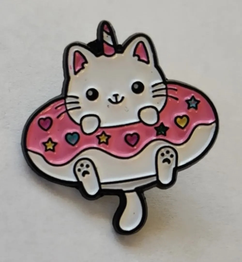 Cute Unicorn Kitty Cat In A Donut or Swimming Ring Pin Lapel Hat Brooch